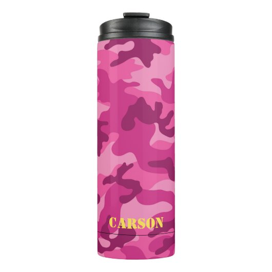Roze Camo Yellow Name Sports Mod Travel Thermosbeker (Voorkant)