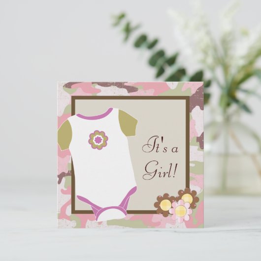 Roze Camouflage Baby Meisje Douche Uitnodigingen (Staand voorkant)