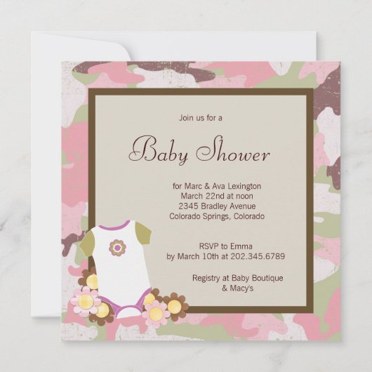 Roze Camouflage Baby Meisje Douche Uitnodigingen (Achterkant)