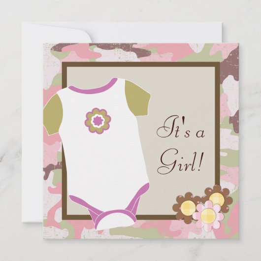 Roze Camouflage Baby Meisje Douche Uitnodigingen (Voorkant)