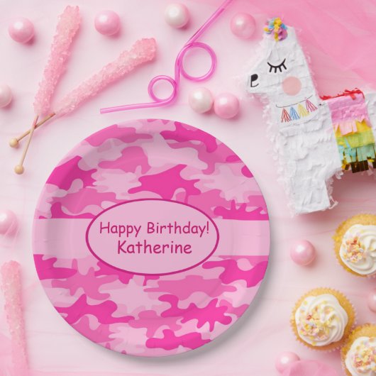 Roze Camouflage Happy Birthday Name Persoonlijk Papieren Bordje (Feest)