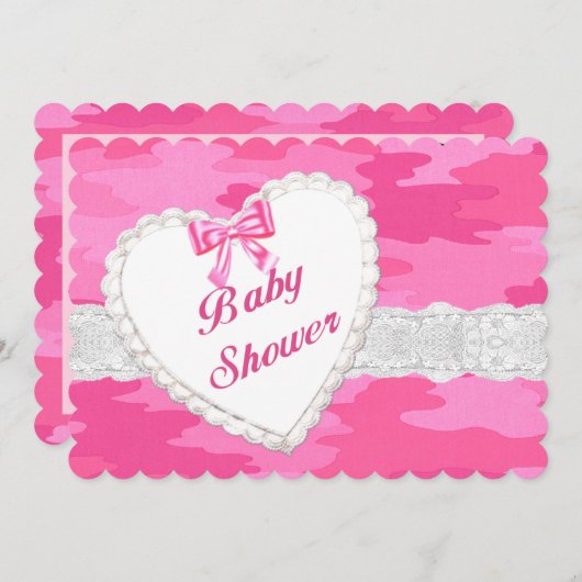 Roze Camouflage Kant Hart Babyshower Uitnodiging (Voorkant / Achterkant)