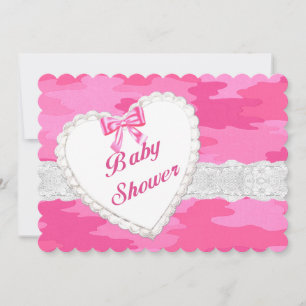 Roze Camouflage Kant Hart Babyshower Uitnodiging