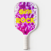 Roze camouflage met gele tekst | pickleball paddle (Voorkant)