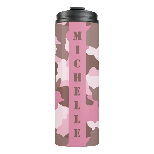 Roze Camouflage Monogram Naam Roze Camouflage Thermosbeker (Voorkant)