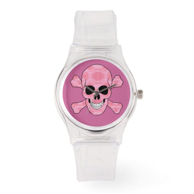 Roze camouflage schedel en crossbones horloge (Voorkant)