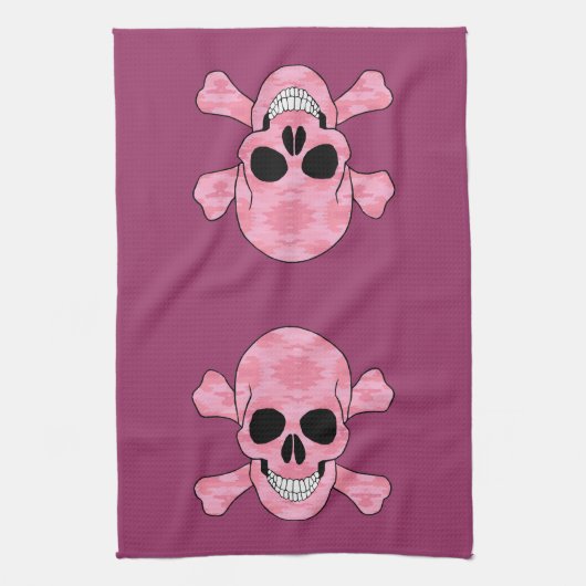 Roze Camouflage Skull en Crossbones Keukenhanddoek (Verticaal)