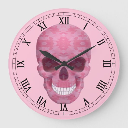 Roze Camouflage Skull Roman Numeral Clock Grote Klok (Voorkant)