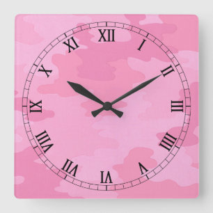 Roze Camouflage Square Roman Numers Clock Vierkante Klok