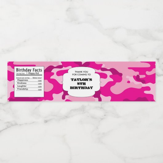 Roze Camouflage verjaardagsfeestje militaire leger Waterfles Etiket (Enkel label)