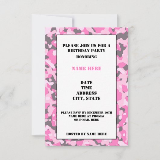 Roze Camouflaged Birthday Party Invitation Card Kaart (Voorkant)