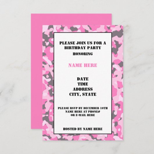 Roze Camouflaged Birthday Party Invitation Card Kaart (Voorkant / Achterkant)