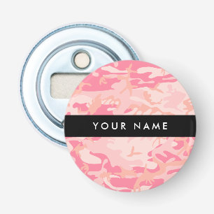 Roze Camouflagepatroon, jouw naam, Personaliseer Button Flesopener