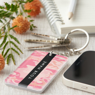 Roze Camouflagepatroon, jouw naam, Personaliseer Sleutelhanger