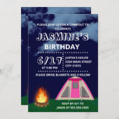 Roze Camp-out uitnodiging voor verjaardagsfeestje (Voorkant / Achterkant)