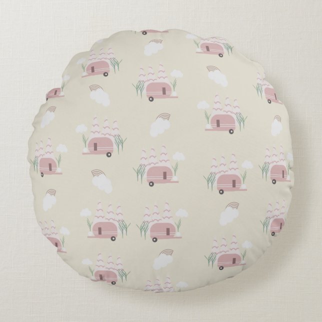 Roze Camper Aards Patroon  Rond Kussen (Voorkant)