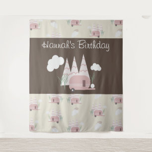 Roze Camper Camping Verjaardagsfeest Wandkleed