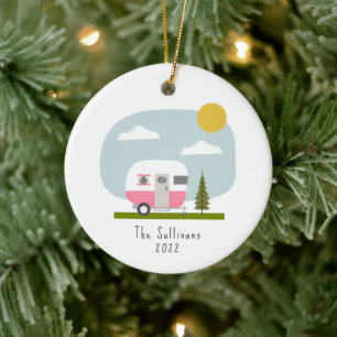 Roze Camper Woodland Keramisch Ornament