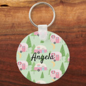 Roze Campers Schattige Bossen Camping Pattern Sleutelhanger (Voorkant)