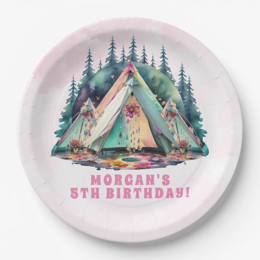 Roze Camping Sleepover Verjaardagsfeest Papieren Bordje (Voorkant)