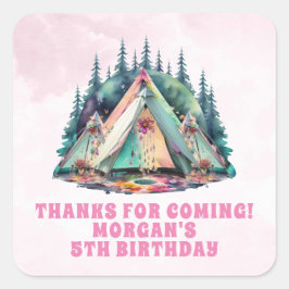 Roze Camping Sleepover Verjaardagsfeestje Vierkante Sticker