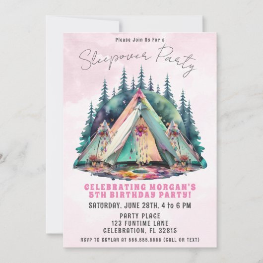 Roze Camping Sleepover Verjaardagsfeestuitnodiging Kaart (Voorkant)