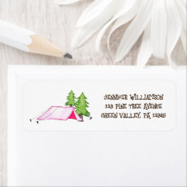 Roze Camping Tent en Pine Trees Retouradres Etiket