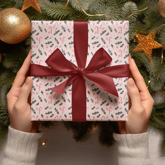 Roze Candy Cane & Hulst Kerst Inpakpapier