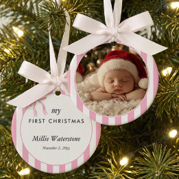 Roze Candy Stripe Baby Eerste Kerst Foto Keramisch Ornament