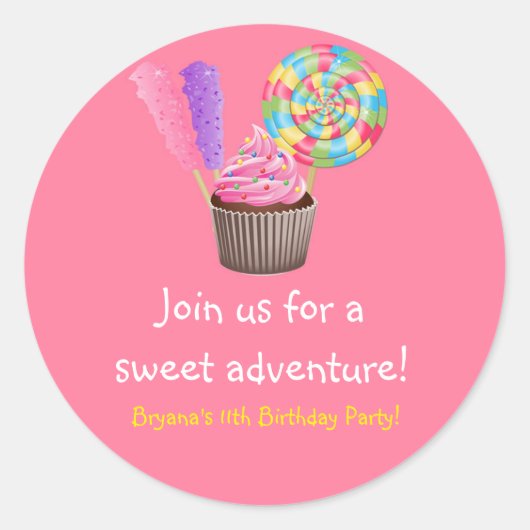 Roze Candyland Cupcake Verjaardagsfeest Sticker (Voorkant)