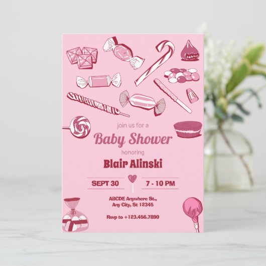 Roze candys zoet baby shower kaart (Staand voorkant)