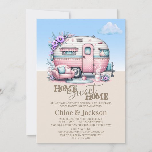 Roze Caravan Grappig Housewarming Party Kaart (Voorkant)