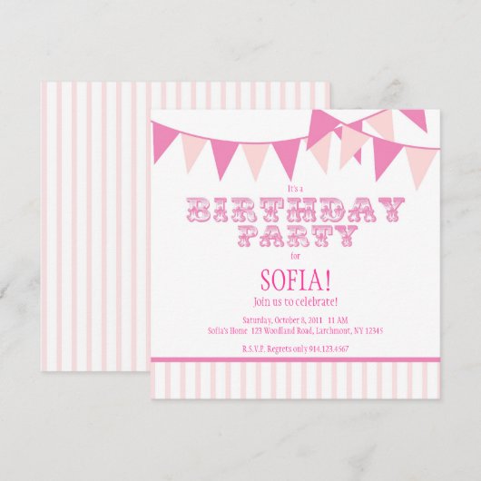 Roze carnaval Birthday Party Invite Kaart (Voorkant / Achterkant)