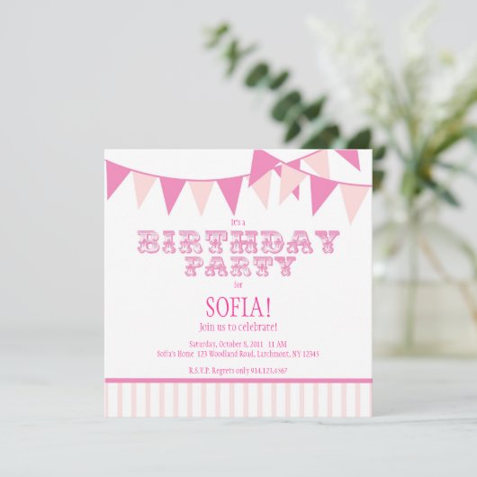 Roze carnaval Birthday Party Invite Kaart (Staand voorkant)