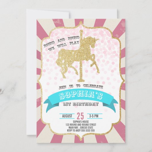 Roze Carnaval Carrousel Meisje Eerste Verjaardag C Kaart (Voorkant)