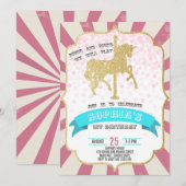 Roze Carnaval Carrousel Meisje Eerste Verjaardag C Kaart (Voorkant / Achterkant)