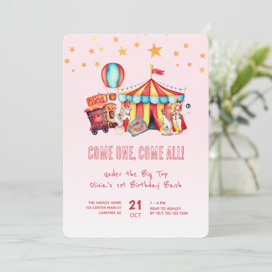 Roze Carnaval Circus 1e Verjaardag Bash Kaart (Staand voorkant)