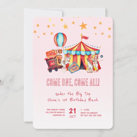 Roze Carnaval Circus 1e Verjaardag Bash Kaart (Voorkant)