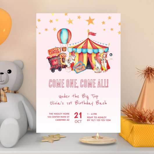 Roze Carnaval Circus 1e Verjaardagsfeest Kaart