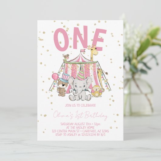 Roze carnaval Circus Kind 1e verjaardag Kaart (Staand voorkant)