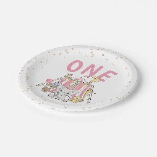 Roze carnaval Circus Kind 1e verjaardag Papieren Bordje (Gekanteld)