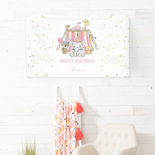 Roze Carnaval Circus Kind verjaardagsfeestje Spandoek (Insitu)