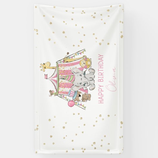 Roze Carnaval Circus Kind verjaardagsfeestje Spandoek (Verticaal)