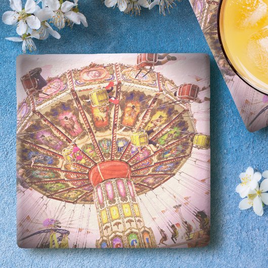 Roze carnaval swing ride foto vet  retro stenen onderzetter