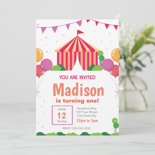 Roze Carnaval Verjaardag Uitnodiging (Staand voorkant)