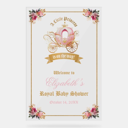 Roze Carriage Princess Baby shower Welkom Acryl Bord (Voorkant)