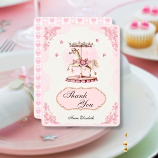 Roze carrousel- Baby shower bedankkaart