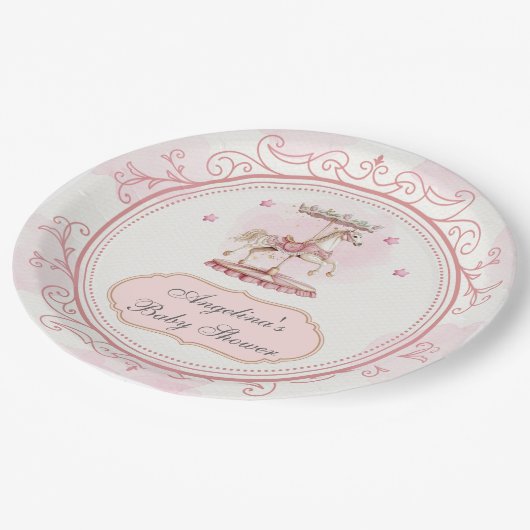 Roze  Carrousel- Baby shower Groot Bord (Gekanteld)