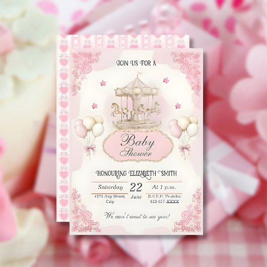 Roze  Carrousel- Baby shower Uitnodiging