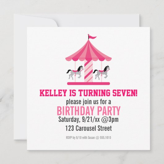 Roze Carrousel Birthday Party Invitation Kaart (Voorkant)